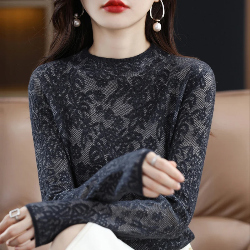 Top Trends: Early Autumn Three-Dimensional Carved Lace Hollow Wool Knit Sweater Women's Pullover Thin Fashion Long-Sleeved O-Neck Chic Top Shoppable Styles