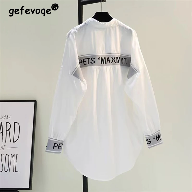 Top Trends: Letter Print Patchwork Casual Simple Streetwear Oversized Shirts Spring Autumn White Long Sleeve Tops Blouses For Women Clothing Shoppable Styles