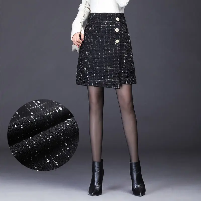 Top Trends: Autumn Winter New Plaid High Waist A-line Skirt Fashion Button Patchwork All-match Short Skirt Elegant Vintage Women Clothing Shoppable Styles