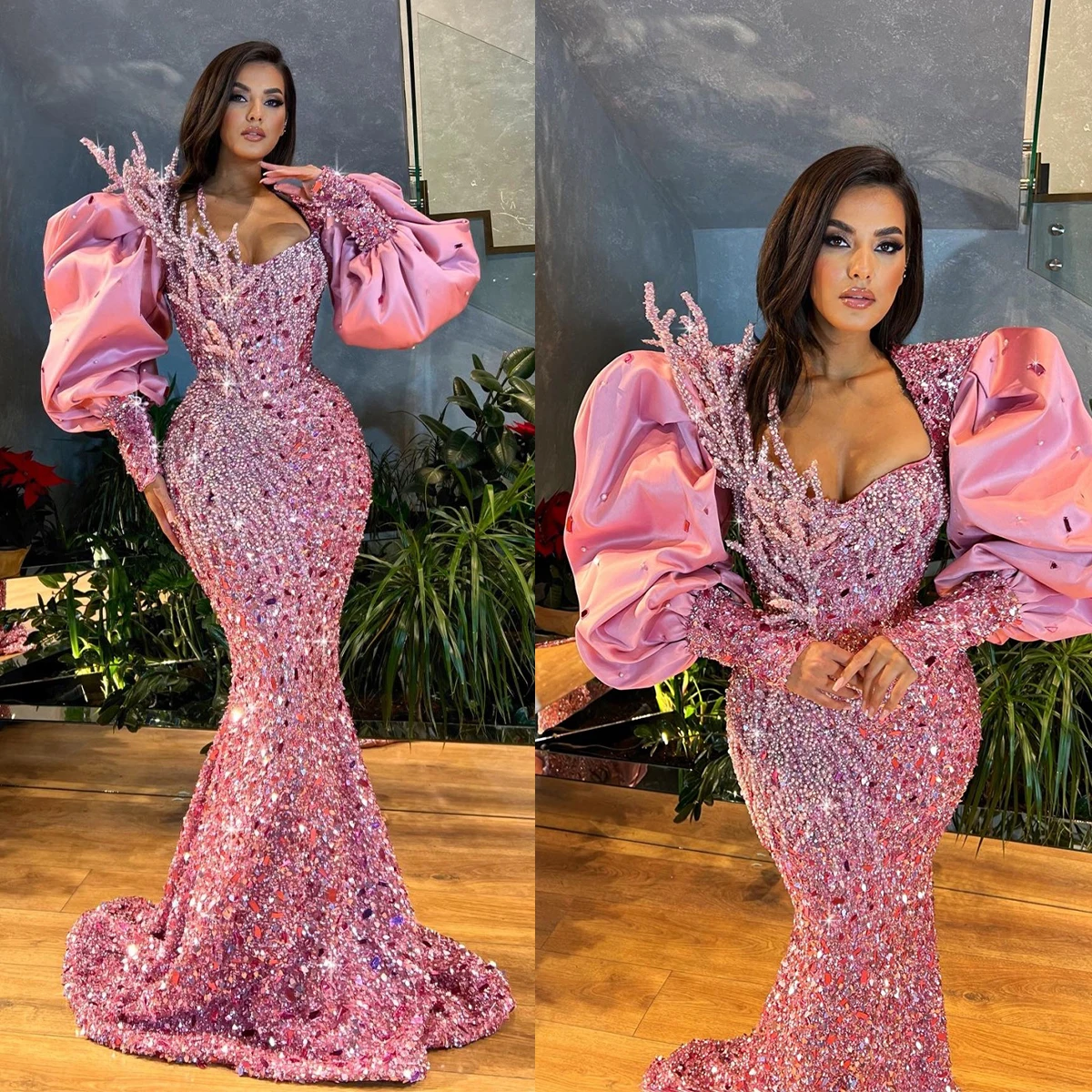 Top Trends: Sparkle Pink Mermaid Evening Dresses Puff Sleeves Prom Gowns Custom Made Crystals Sequined Party Dresses Shoppable Styles