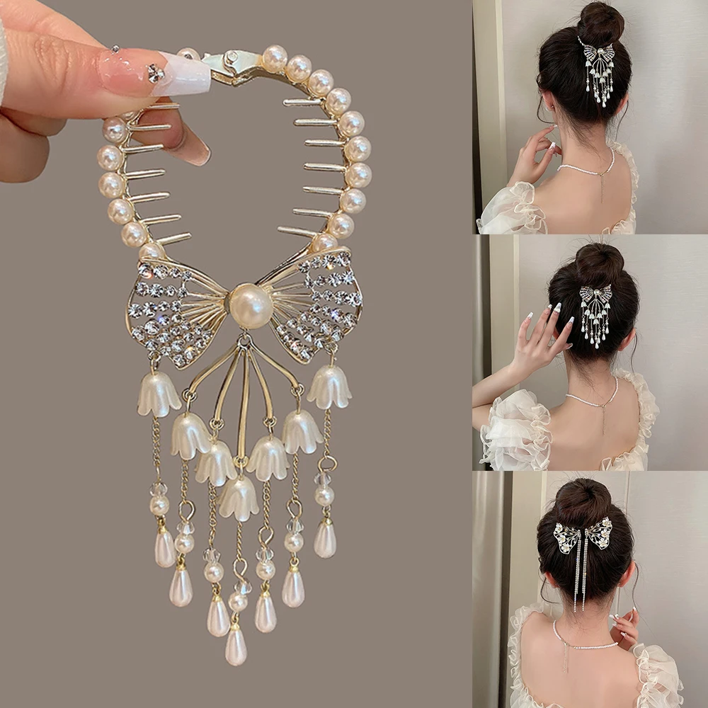 Top Trends: Girl Elegant Hair Claw Pill Head Ponytail Buckle Ponytail Buckle Pearl Rhinestone Tassel Shark Clip Hairband Hair Clip Headdress Shoppable Styles