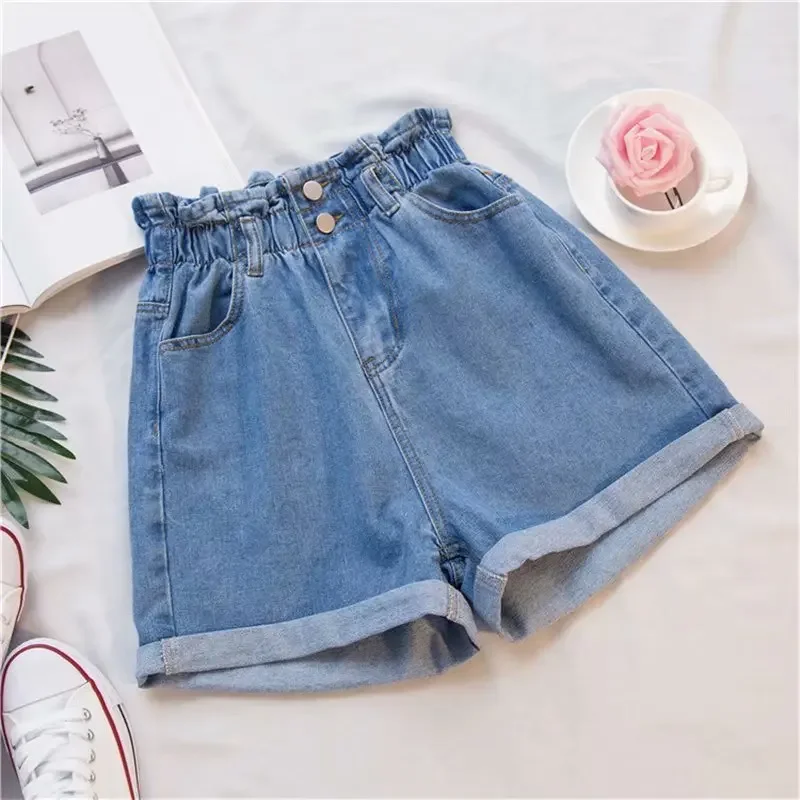 Top Trends: Ruffles Denim Shorts Elastic Waist Korean Fashion Wide Leg A-line Hot Pants High Waisted Shorts Jean Panst For Women 5XL Shoppable Styles