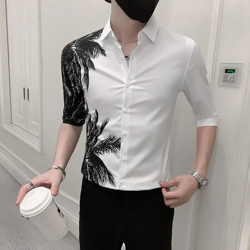 Top Trends: Fashion Lapel Button All-match Printed Shirt Men's Clothing 2023 Spring New Oversized Casual Tops Asymmetrical Shirt Shoppable Styles - Image 4