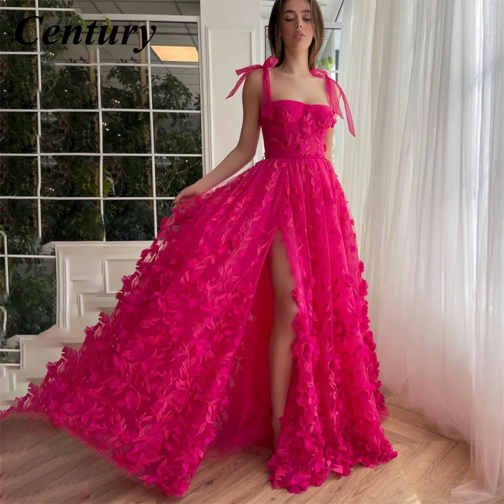 Top Trends: Century Sweetheart Evening Party Gowns With Slit Applique 3D Fuchsia Flowers Prom Dresses Floor Length Celebrity Dresses Custom Shoppable Styles