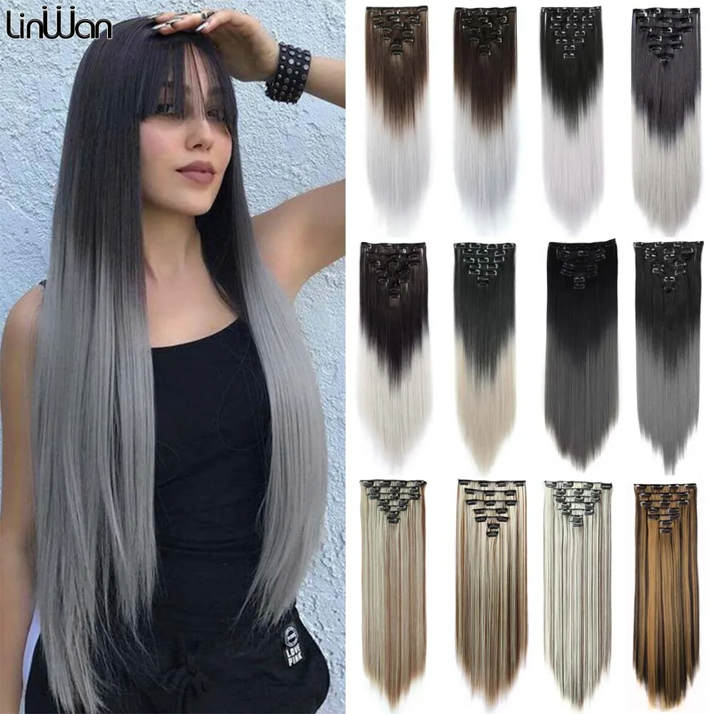 Top Trends: Linwan Synthetic Long Straight Hair 16 Clips 140G Extensions Clips In High Temperature Fiber Black Brown Ombre White Hairpiece Shoppable Styles