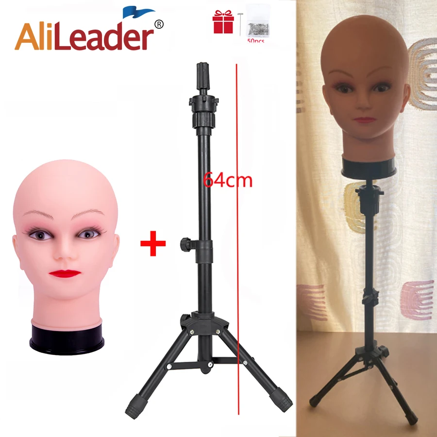 Top Trends: 64cm Tripod Wig Stand With Bald Mannequin Head Black Mini Wig Stand Tripod With Bald Head Adjustable Tripod Wig Stand , T-pins Shoppable Styles