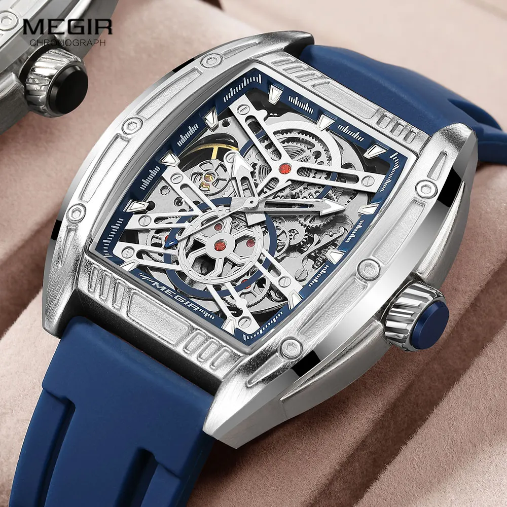 Top Trends: MEGIR Military Sport Mechanical Watch For Men Waterproof Analog Automatic Wristwatch With Navy Blue Silicone Strap Tonneau Dial Shoppable Styles