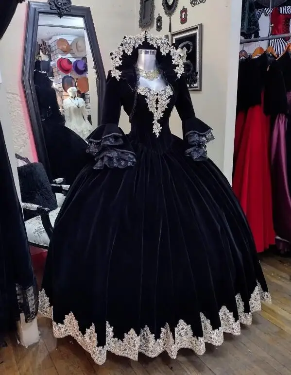 Top Trends: Black Velvet Victorian Gothic Wedding Dress 2023 With Jacket Puff Sleeve Lace Medieval Vintage Bride Gowns Celtic Spanish Prom Shoppable Styles - Image 3