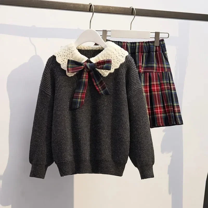 Top Trends: Teenage Girls JK Suit Clothing Winter Children Knitted Lapel Sweater Plaid Pleated Skirt Autumn School Clothes Trend Shoppable Styles - Image 4