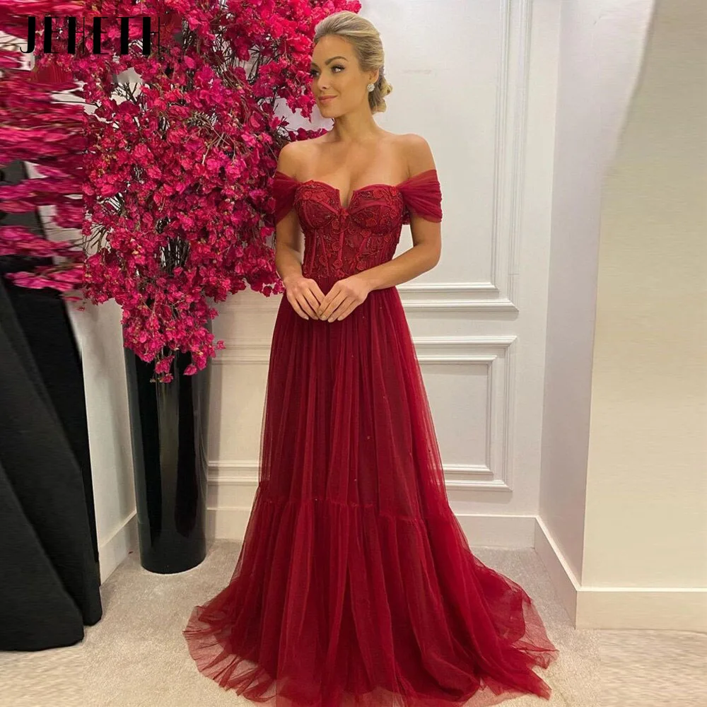 Top Trends: JEHETH Wine Red Off Shoulder Prom Dress Sweetheart Lace Applique Evening Dresses For Woman Tulle A-Line فساتين للحفلات الراقصة Shoppable Styles