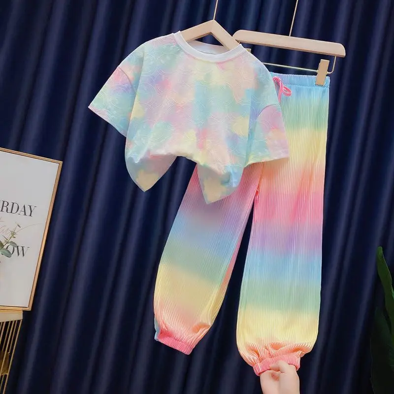 Top Trends: Girls 2023 Summer New Fashion Ice Silk Rainbow Gradient Color Loose 2pcs T-shirts+ pants Suits 3-12 Years Kids Tie-dyed Clothing Shoppable Styles