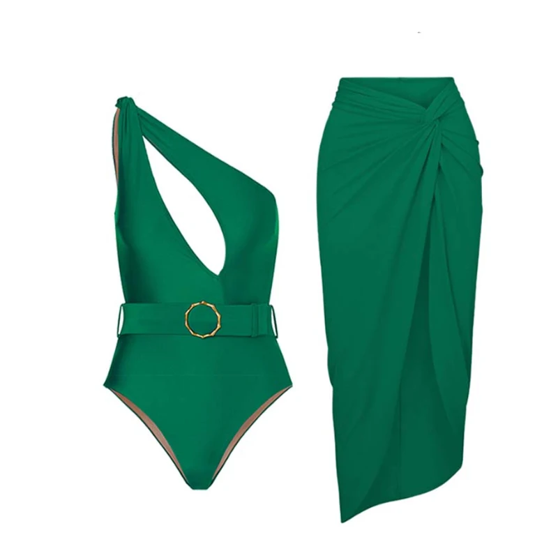 Top Trends: Solid Green Women Swimsuit One Piece Swimwear 2023 New One-shoulder Halter Swimming Suit Backless Bodysuit Summer Beachwear Shoppable Styles