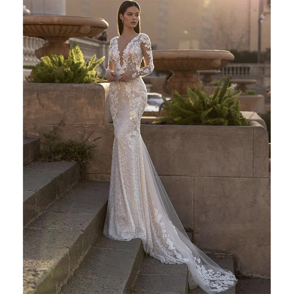 Top Trends: 2023 Luxury Lace Appliques Sequins Mermaid Wedding Dress V-Neck Long Sleeve Backles Sweep Train Bride Gown Vestidos De Noiva Shoppable Styles