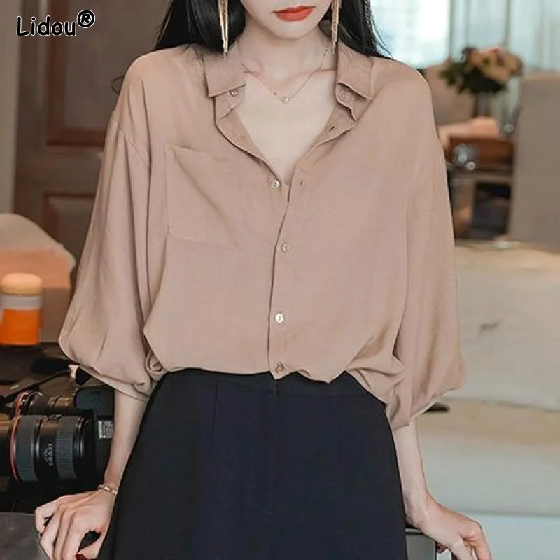 Top Trends: Thin Comfortable Spring Summer Solid Button Business Casual Loose Turn-down Collar Blouses Three Quarter Sleeve Women&#039;s Clothing Shoppable Styles