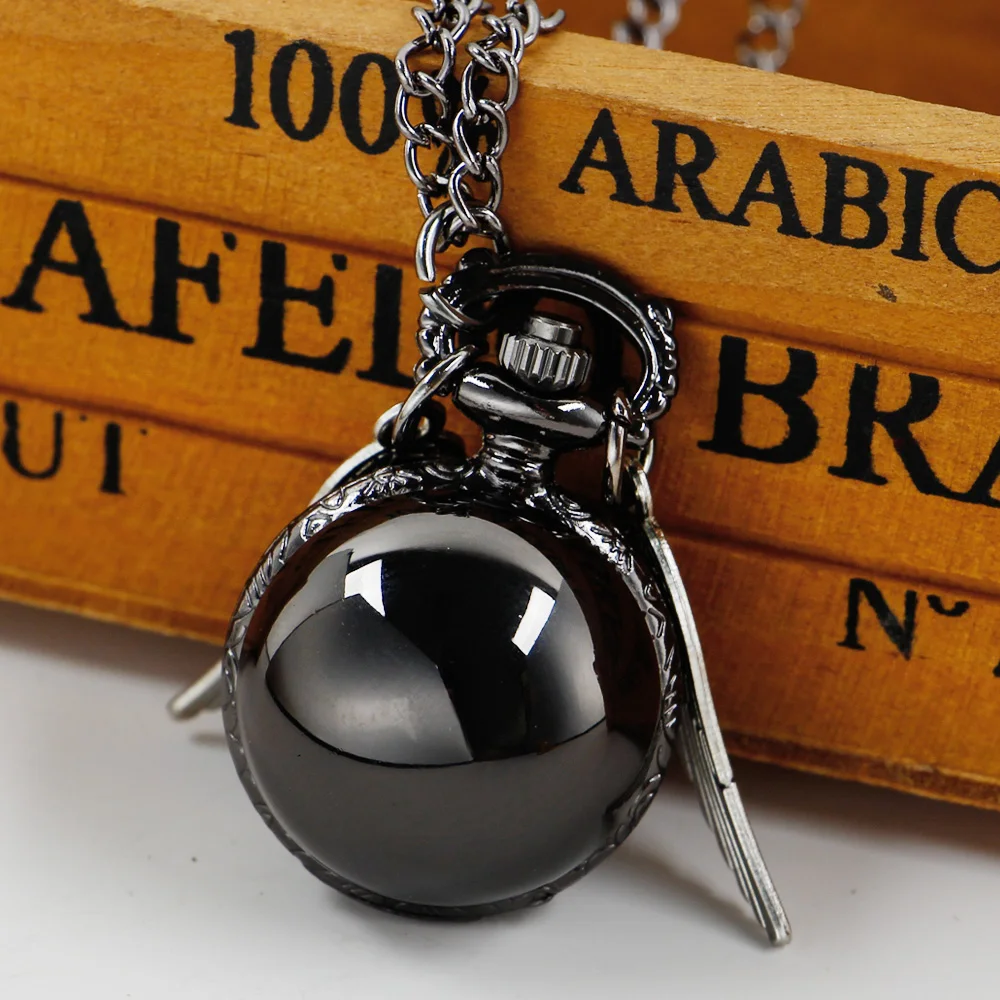 Top Trends: Vintage All Black Ball Wings Smooth Quartz Pocket Watch Creative Steampunk Necklace FOB Watch Men Children Gifts With Chain Shoppable Styles