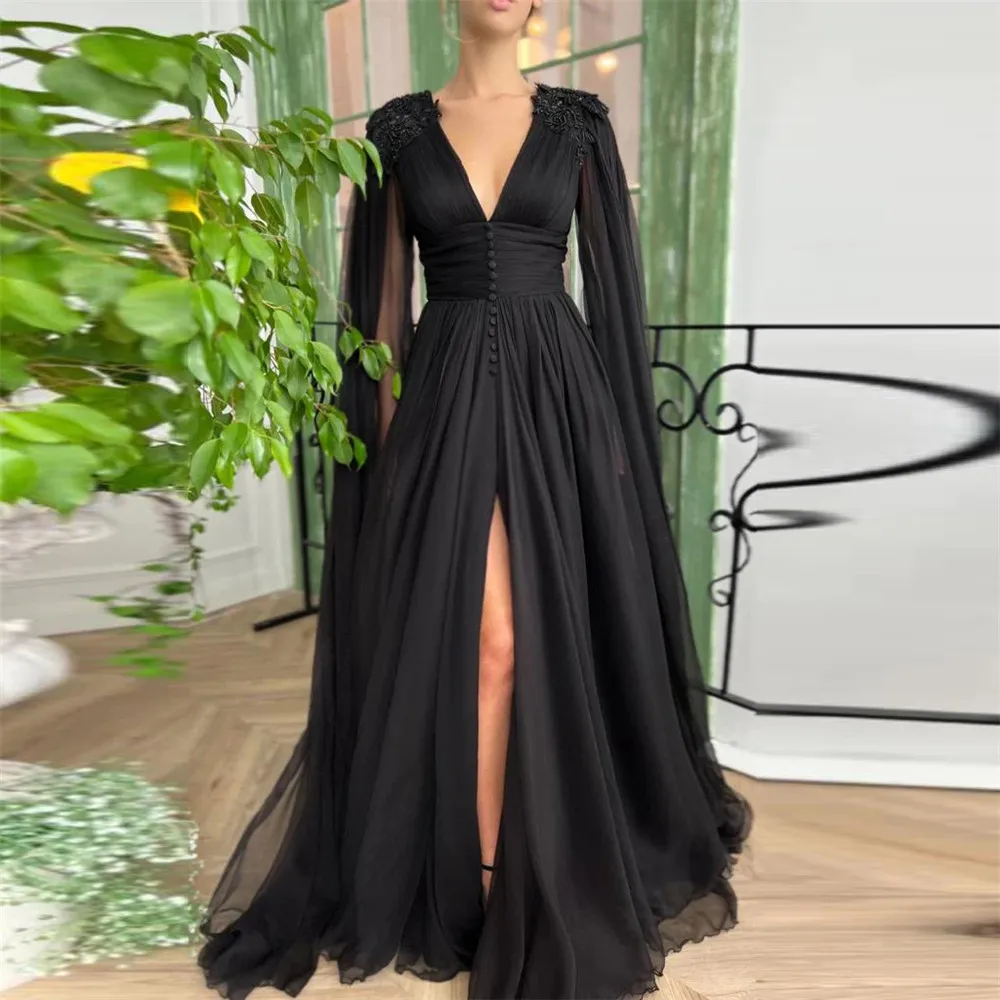 Top Trends: A Line Black Chiffon Prom Dresses Beaded Appliques Long Cape Sleeves Evening Gowns Deep V-Neck Slit Pleats Formal Party Dress Shoppable Styles