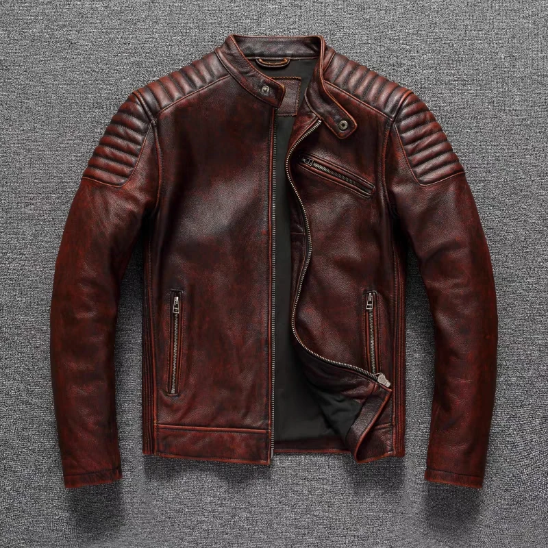 Top Trends: Retro Top Top Layer Cowhide Motorcycle Leather Jacket Reddish Brown Leather Cycling Suit Men's Slim Short Coat Shoppable Styles