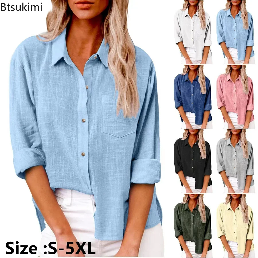 Top Trends: Plus Size 4XL 5XL Women's Summer Casual Cotton Linen Shirts Solid Pockets Slit Button Blouse Loose Long Sleeved Shirts Female Shoppable Styles