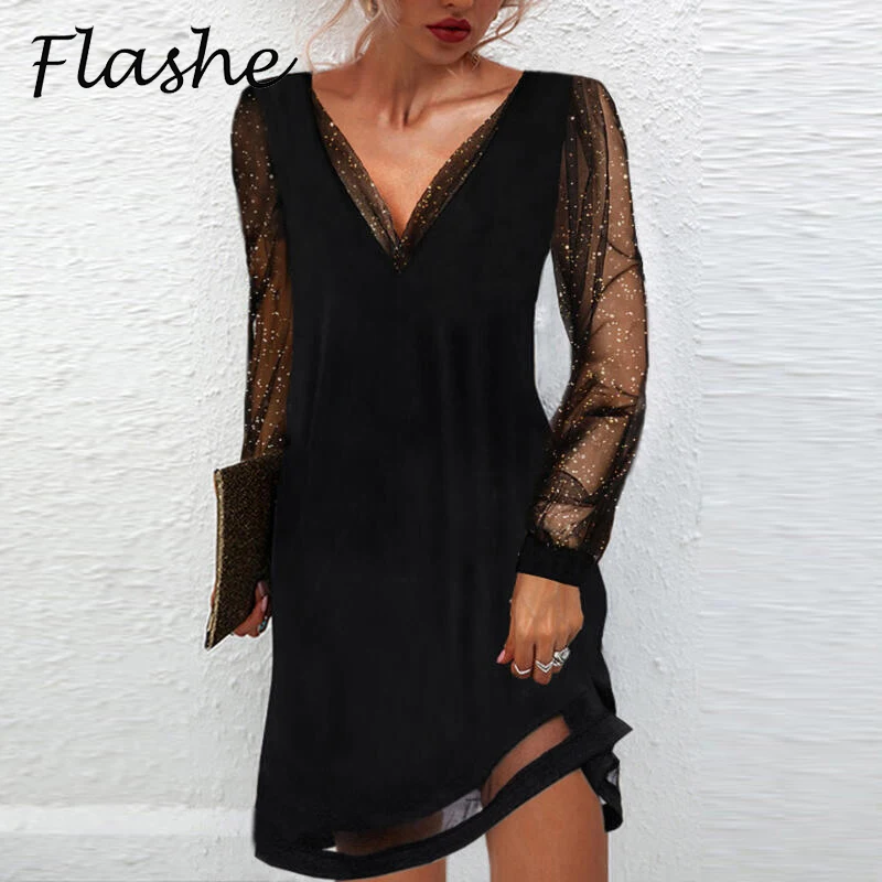 Top Trends: Fashion Dress Women Black V Neck Gazue Sequins Long Sleeved Female Dresses Party Club Dress Casual Short Dress 2022 Shoppable Styles