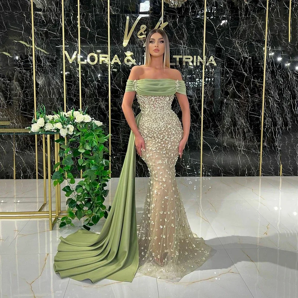 Top Trends: Green Mermaid Evening Dresses Off The Shooulder Pleats Lace Tulle Beads Prom Gowns Long Formal Celebrity Dresses For Women 2023 Shoppable Styles