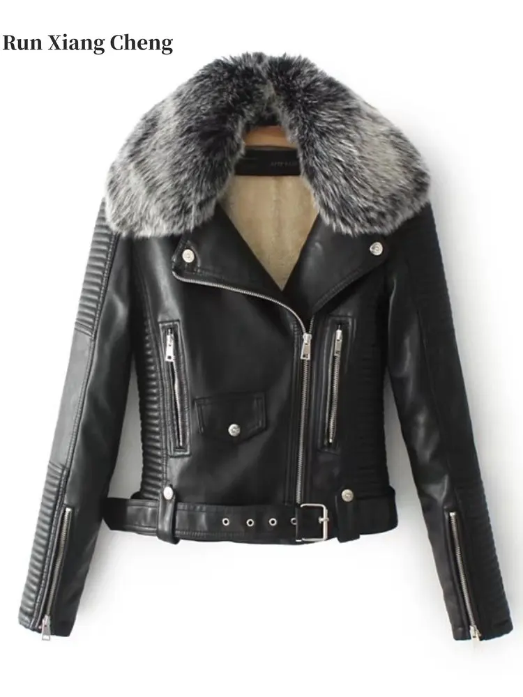 Top Trends: Autumn And Winter 2023 Women's New Solid Short Belt Wool Collar Motorcycle Leather Coat Plush Leather Fur Winter Jacket Women Shoppable Styles