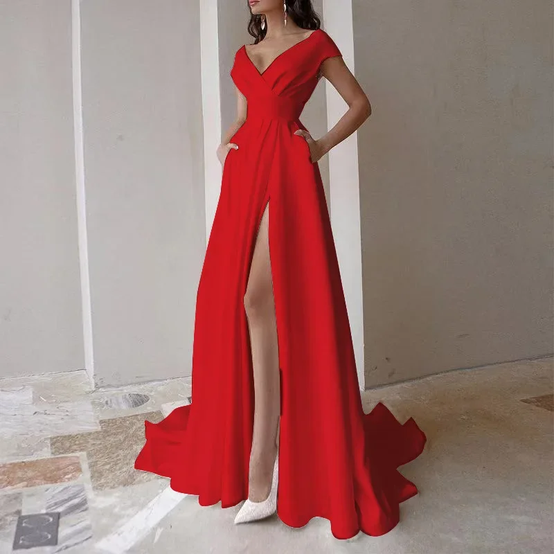 Top Trends: V-neck Ruffled Long Evening Dress High Waist Slit Sleeveless Elegant Party Dresses 2024 Sexy Irregular Solid Graduation Dresses Shoppable Styles