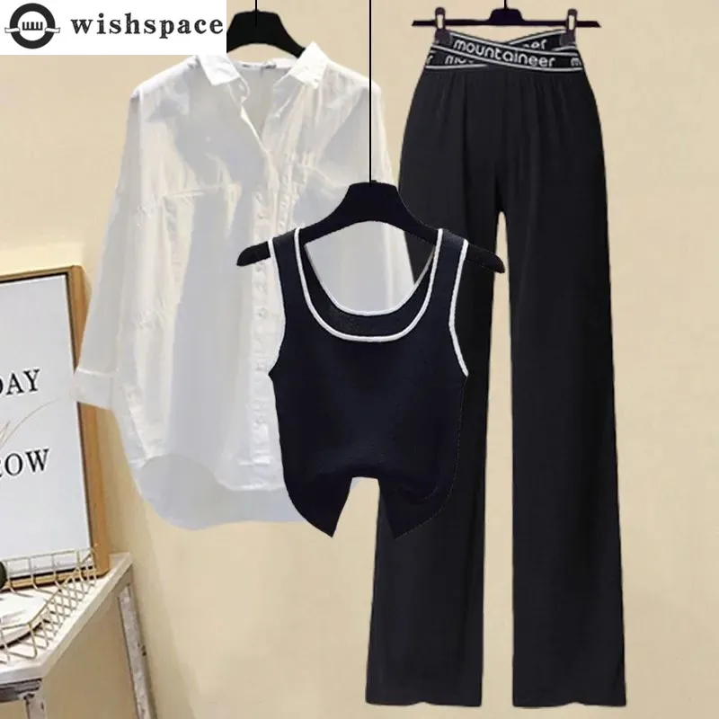 Top Trends: Summer New White Shirt Blouse Sexy Tank Top Letter Print Wide Leg Pants Three Piece Elegant Women&#039;s Pants Set Casual Outfits Shoppable Styles