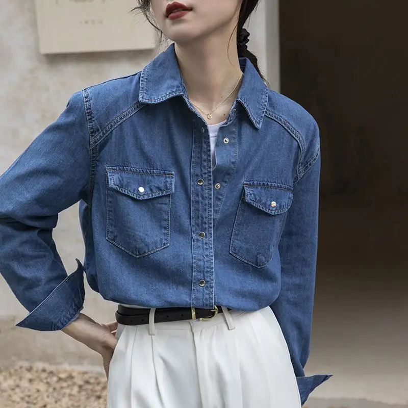 Top Trends: Retro Design Dark Blue Denim Thin Pocket Decoration Single Breasted Women Shirt Streetwear Turn Down Collar Superimposition Top Shoppable Styles