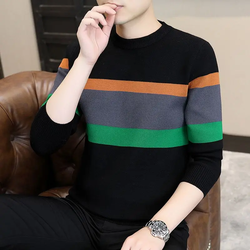 Top Trends: Fashion O-Neck Spliced Color Striped Sweaters Mens Clothing 2023 Autumn Winter Loose Korean Pullovers Knitted Casual Tops Shoppable Styles