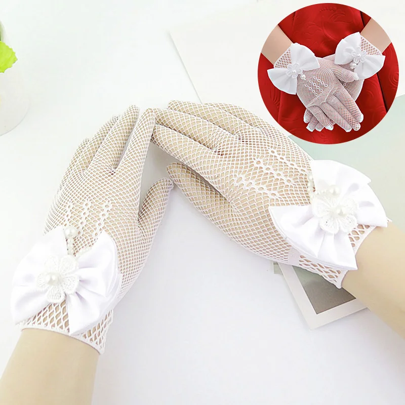 Top Trends: 1pair Kids Lace Pearl Mesh Bow Gloves Flower Fishnet Gloves Party Supplies Birthday Ceremony Coronation Accessories For Princess Shoppable Styles