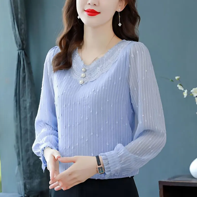 Top Trends: Office Lady Lace Spliced Shirt Fashion Folds Spring Autumn Elegant V-Neck Female Clothing Long Sleeve Chic Pearl Button Blouse Shoppable Styles