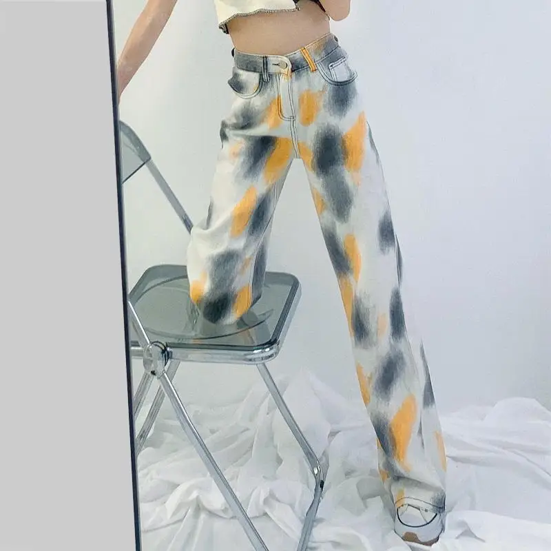 Top Trends: Casual Color Painting Tie Dye Split Fork Wide Leg Jeans Femme Spring Summer Pockets Zipper Cuffs Straight Floor Mopping Trousers Shoppable Styles - Image 2