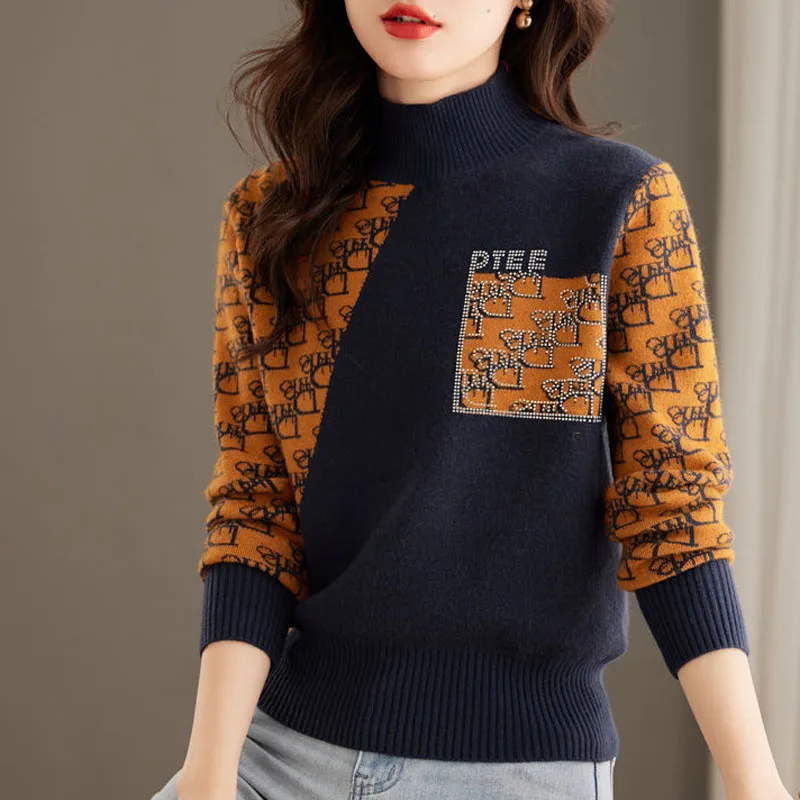 Top Trends: New Autumn And Winter Fashion Loose Casual Trend Splice Contrast Color High Neck Long Sleeve Fashionable Women&#039;s Knitted Sweater Shoppable Styles