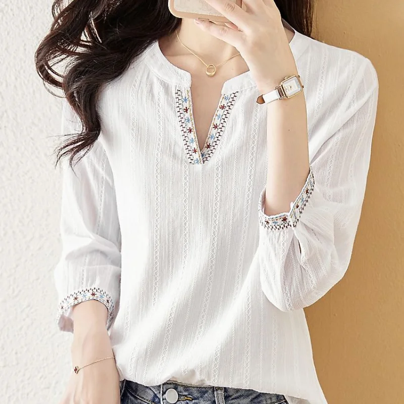 Top Trends: Fashion Ethnic Style Embroidered White Blouse Women New Classic 3 / 4 Sleeve V-neck Office All-match Lady Pullover Shirt 2023 Shoppable Styles