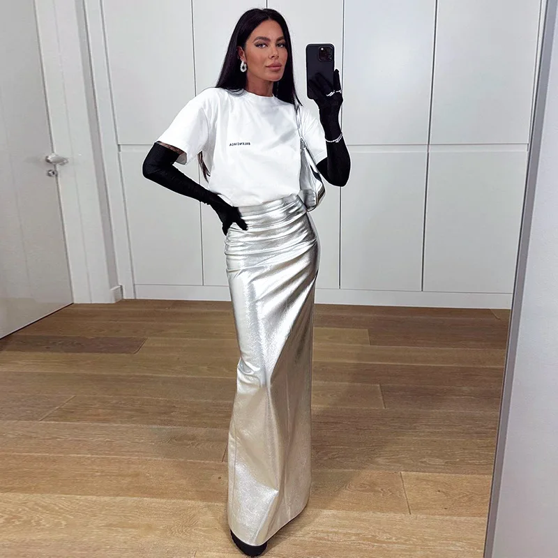 Top Trends: 2023 Silver Faux Leather Long Skirt For Women High Waist Straight Maxi Skirt Fashion Metallic Skirts Y2K Streetwear Shoppable Styles