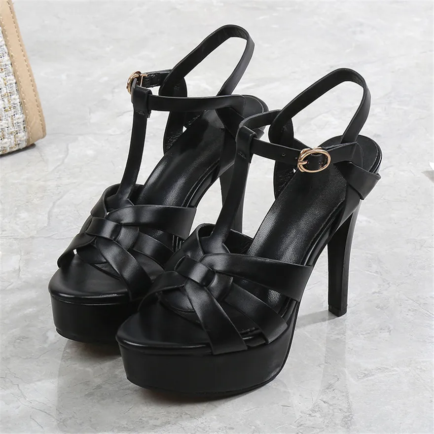 Top Trends: 2024 Summer Sexy Soft Leather Platform Sandals Women High Heels T-Buckle Party Pumps Black Stiletto Open Toe Ladies Dress Shoes Shoppable Styles