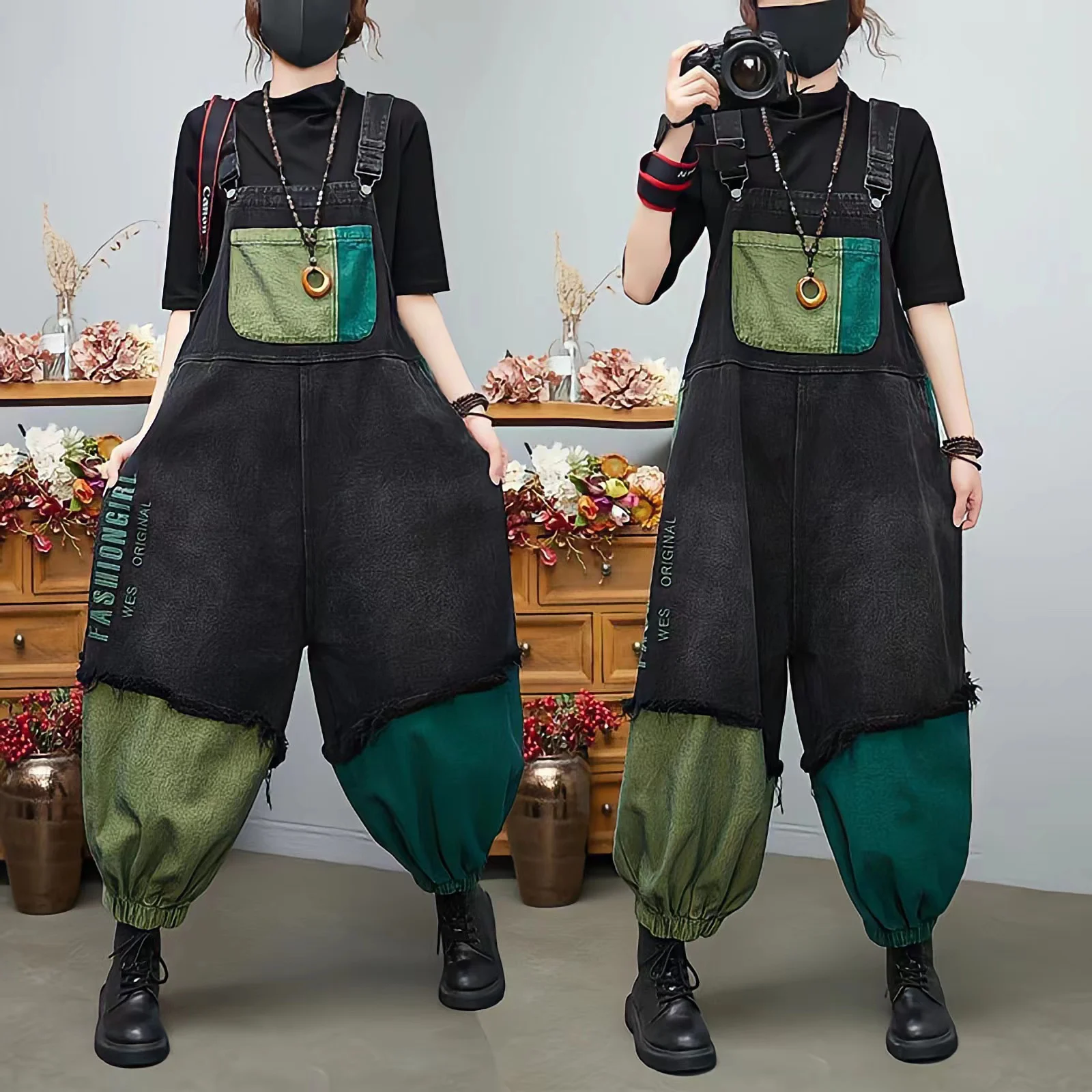 Top Trends: Women Letter Printed Denim Overalls Large Size Baggy Splicing Jumpsuit Ladies Y2k Fashion Vintage Suspenders Jeans Street Style Shoppable Styles