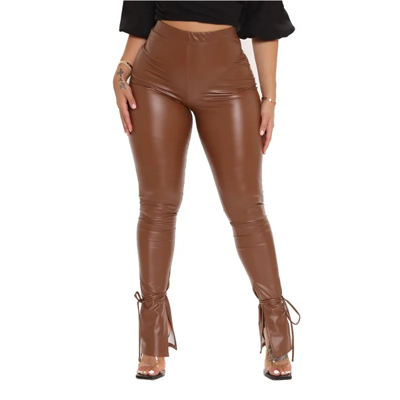 Top Trends: PU High Waist Trousers Women Faux Leather Pants Buckled Zipper Trousers Fashion Slim Fit Skinny Bodycon Pant Club Leggings 2023 Shoppable Styles