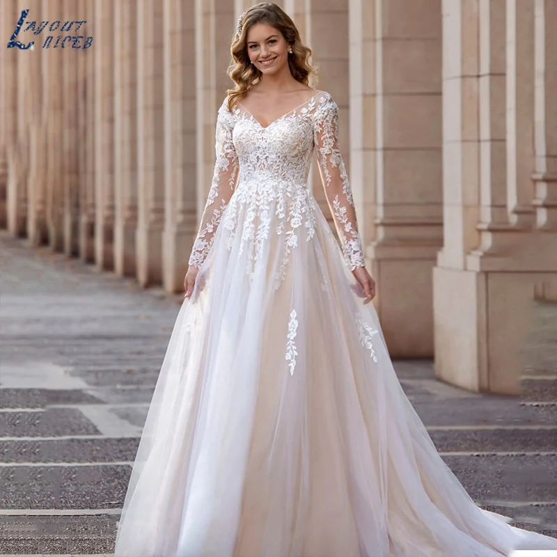 Top Trends: LAYOUT NICEB Vintage Long Sleeve Wedding Dress Lace Appliques Robe De Mariée Illusion Back With Button Custom Made Sweep Train Shoppable Styles