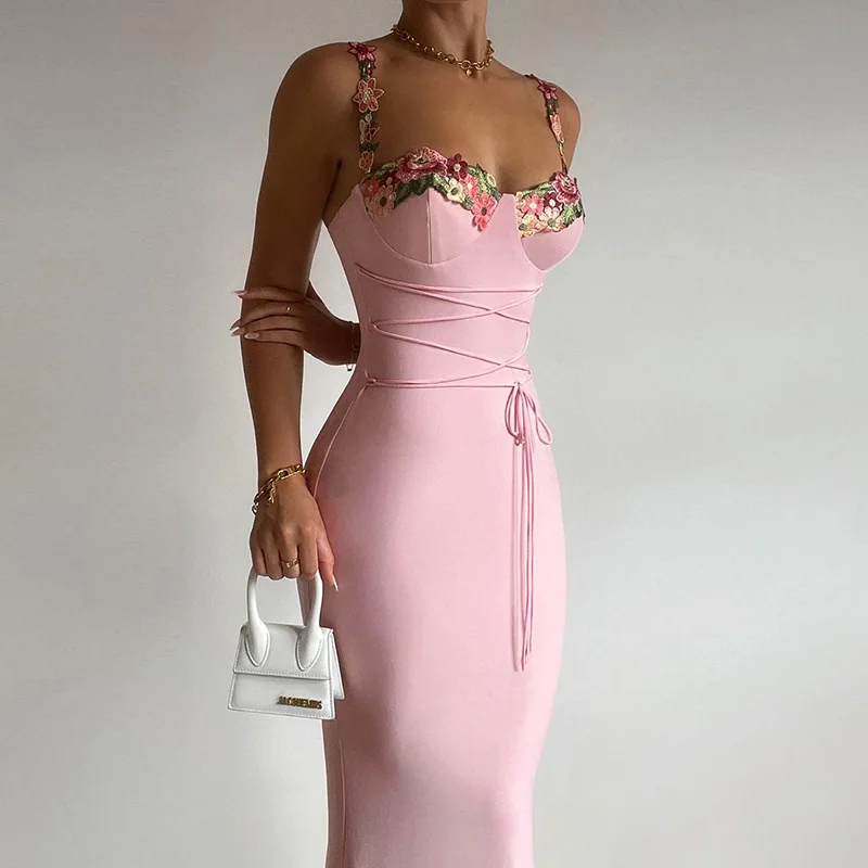 Top Trends: Pink Sheath Prom Dress 3D Flower Appliqued Sleeveless Lace Up Sexy Strap Formal Party Evening Gown Pageant Cocktail Robes Shoppable Styles