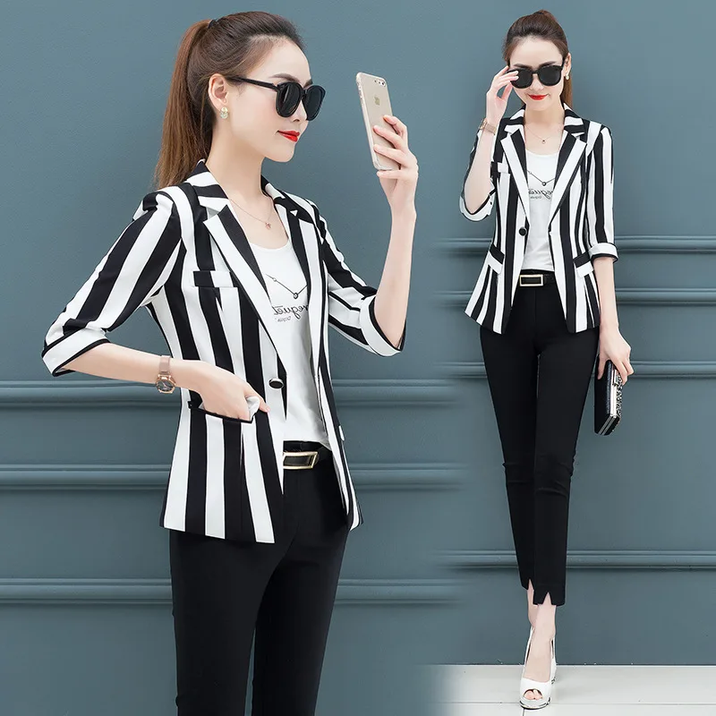 Top Trends: Casual Blazer Fashion Black And White Suit 2021 Spring Autumn Women Blazers Coat New Ladies Temperament Casual Striped Jacket Shoppable Styles - Image 2