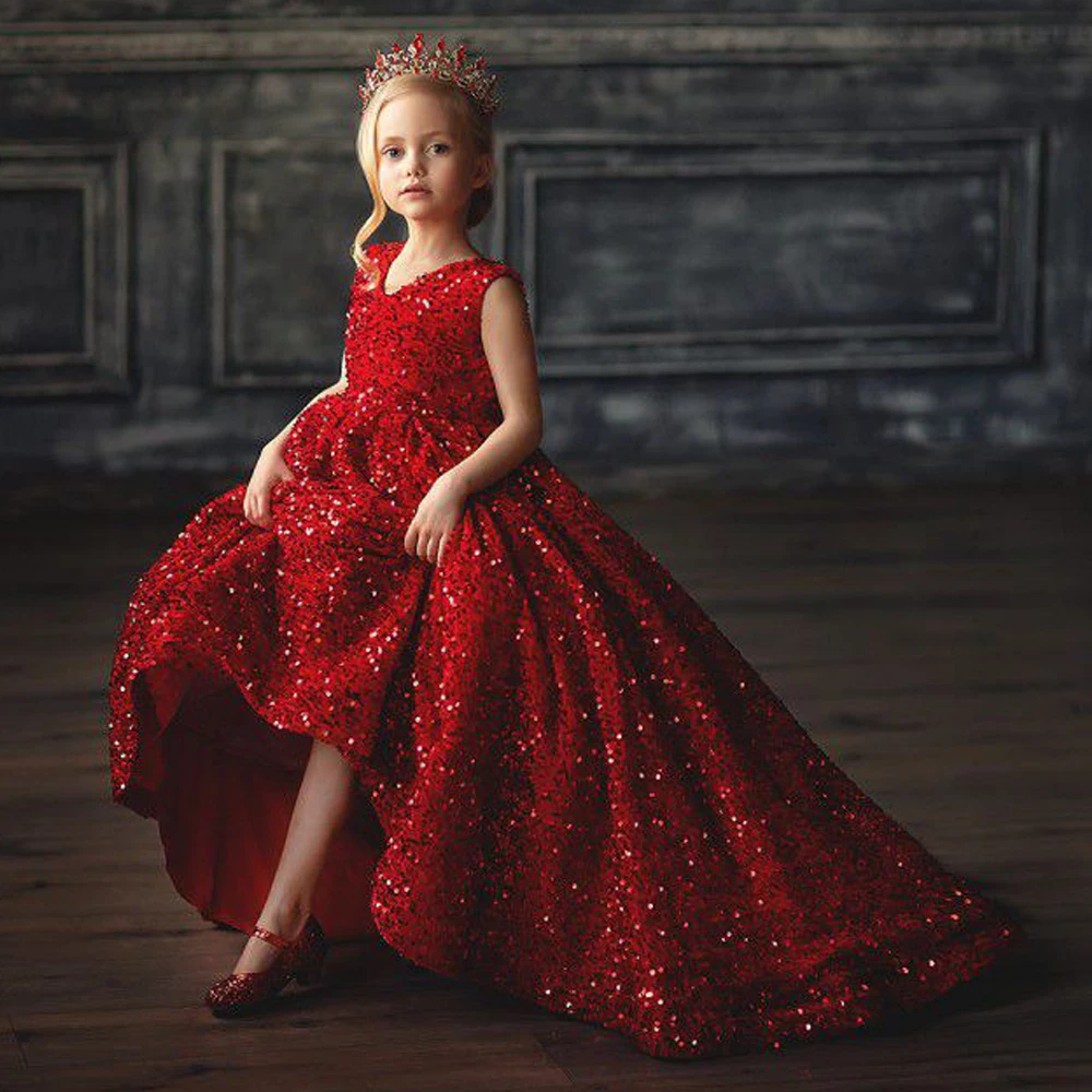 Top Trends: Red Ball Gown Flower Girl Dress O Neck Sleeveless Glitter Sequin Long Birthday Kids Graduation Party Dresses Shoppable Styles