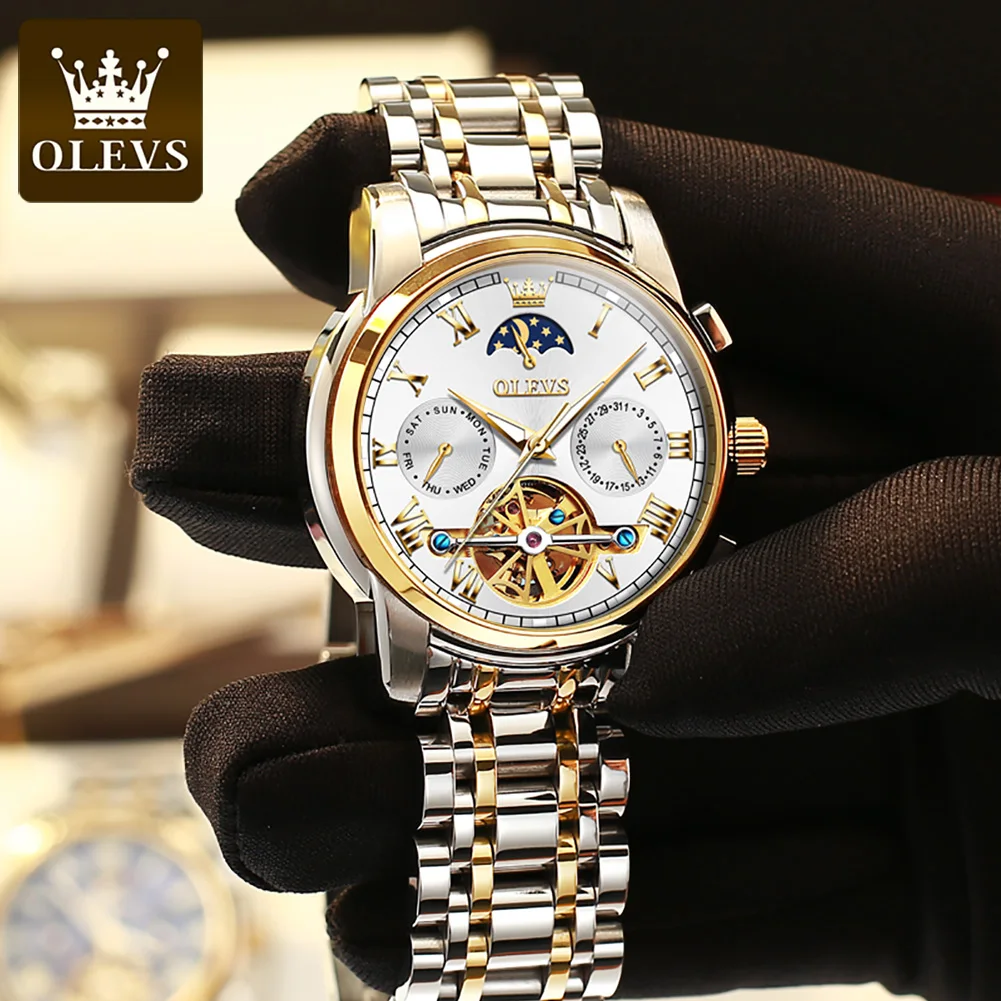 Top Trends: OLEVS Original Automatic Mechanical Watch For Men Luxury Brand Moon Phase Tourbillon Wristwatch Waterproof Luminous Moonswatch Shoppable Styles - Image 5