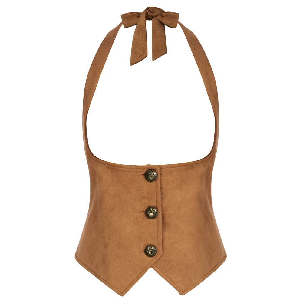 Top Trends: SD Women Steampunk Underbust Waist Belt Corset Vintage Waistcoats Brown Halterneck Handkerchief Hem Faux Suede Under Bust Vest Shoppable Styles