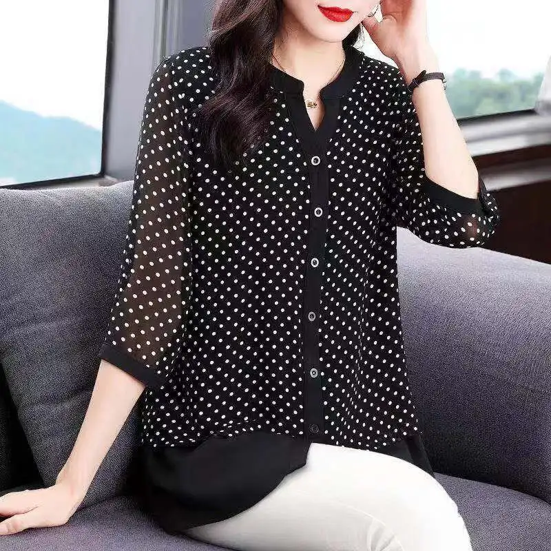 Top Trends: Spring Summer Polka Dot Printed Blouse Women's Clothing Casual Single-breasted Commute O-Neck 3 / 4 Sleeve All-match Loose Shirt Shoppable Styles