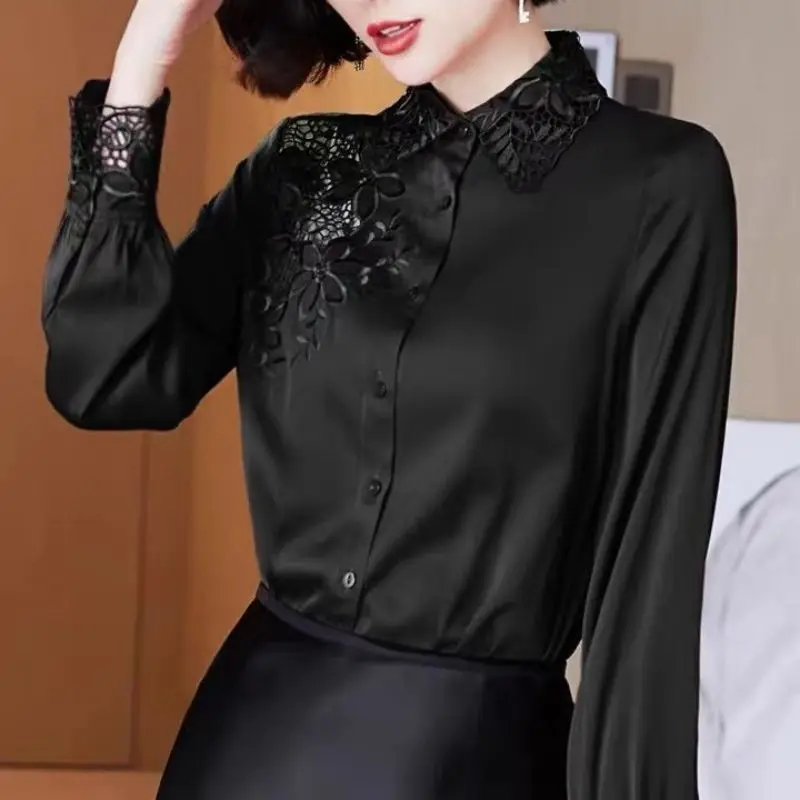 Top Trends: Elegant Solid Color Hollow Out Embroidery Satin Shirt Women&#039;s Clothing 2023 Spring New Casual Tops All-match Office Lady Blouse Shoppable Styles