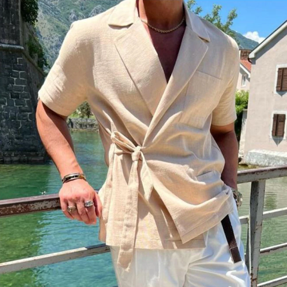 Top Trends: Summer Solid Color Linen Short-sleeved Shirt Suit Lapel Strap French Elegant Gentleman Loose Casual Simple Top Men&#039;s Clothing Shoppable Styles