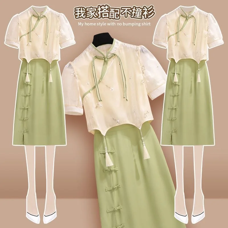 Top Trends: New Chinese Style Improved Qipao Dress Women Summer Retro Cheongsam Embroidery Short Sleeve Tops Green Skirt Two Piece Set Shoppable Styles