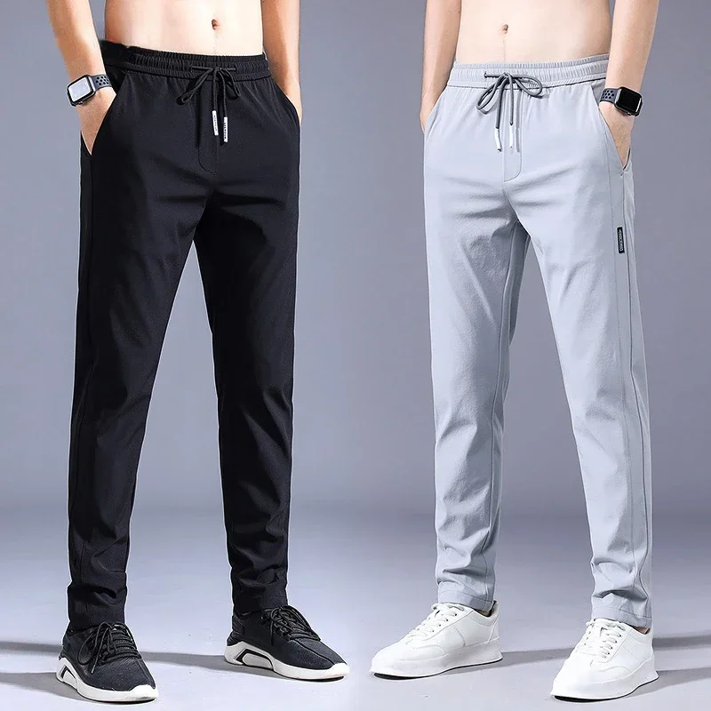 Top Trends: Summer Men's Casual Pants Thin Soft Elasticity Lace-up Waist Solid Color Pocket Applique Korea Grey Black Work Trousers Male Shoppable Styles