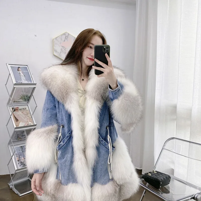 Top Trends: Winter Faux Fox Fur Cowboy Patchwork Fur Coat Women Jean Jacket Denim Coat Warm Parkas Cotton-padded Jacket Loose Outerwear Shoppable Styles - Image 2